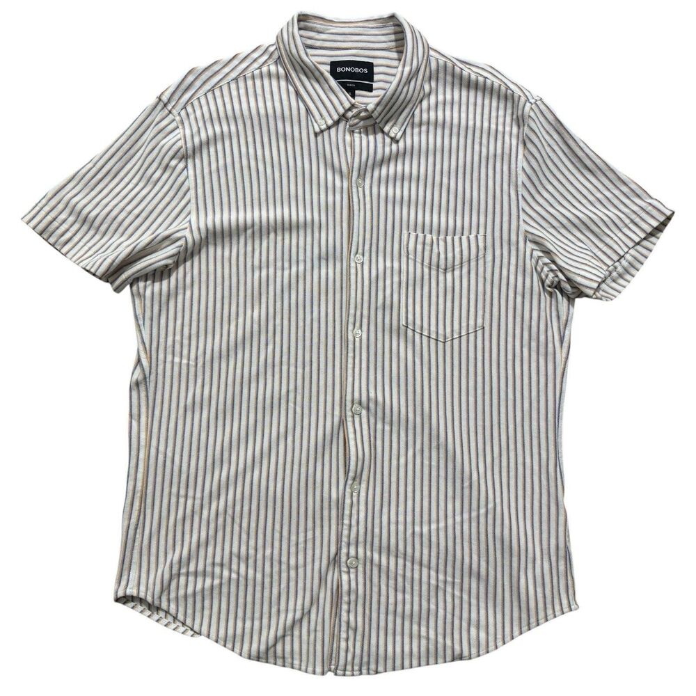 Bonobos Shirt Men’s XL White Stripe Slim Fit Knit Oxford Short Sleeve Button Up